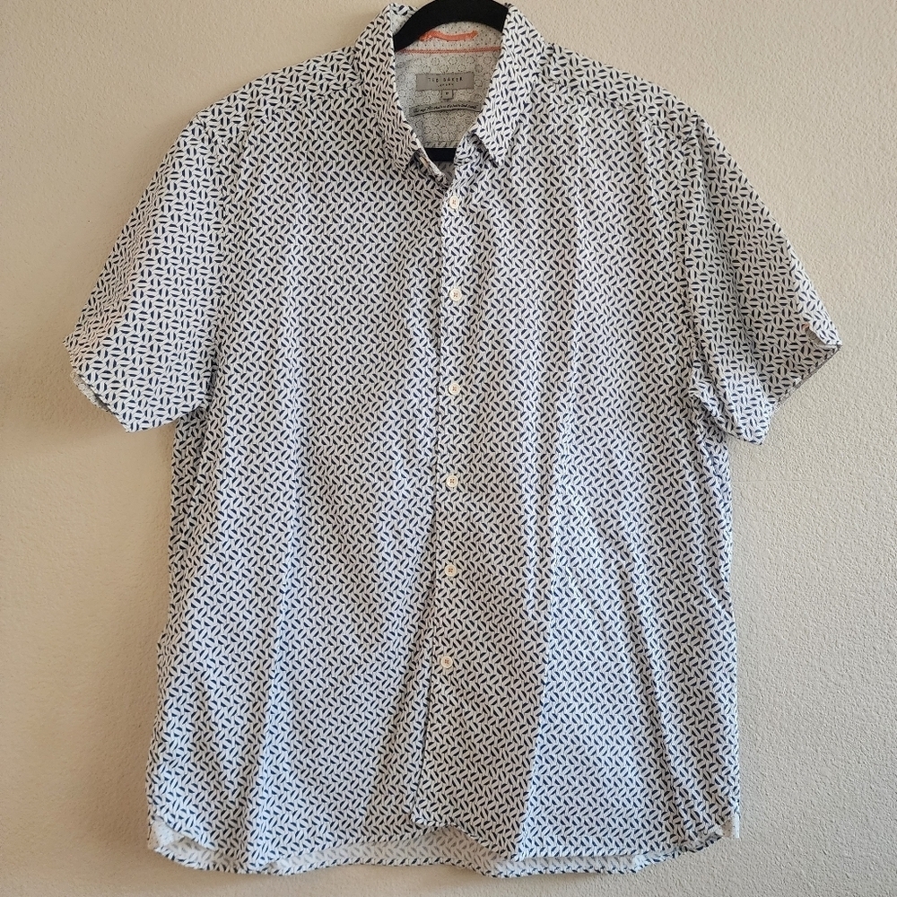 Ted Baker Mens Button Down Shirt Short Sleeve Geometric Pattern White Size XL